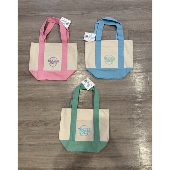 Trader Joes Mini Pastel Canvas Tote Bag Set Of 3 - Picture 2 of 2
